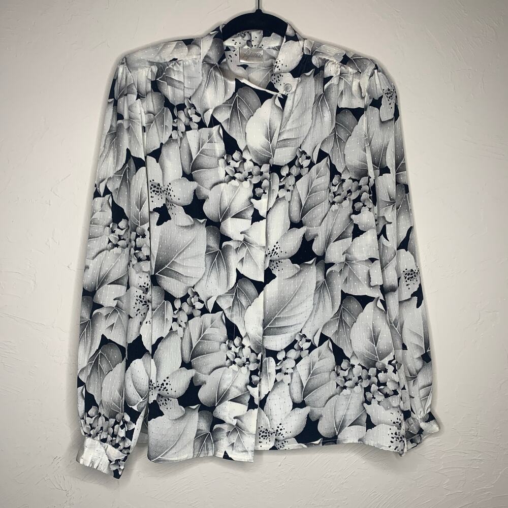 Vintage Black White Floral Blouse Sz Medium - Picture 5 of 8